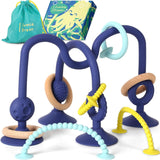 JUMBLE JANGLE Anello per la dentizione del bambino: Giocattolo per la dentizione del bambino 3-24 mesi | Set di 7 giocattoli da masticare senza BPA | Anello da dentizione in silicone rinfrescante | Giocattolo per bambini con ventosa per seggiolone, tavolo e vasca da bagno