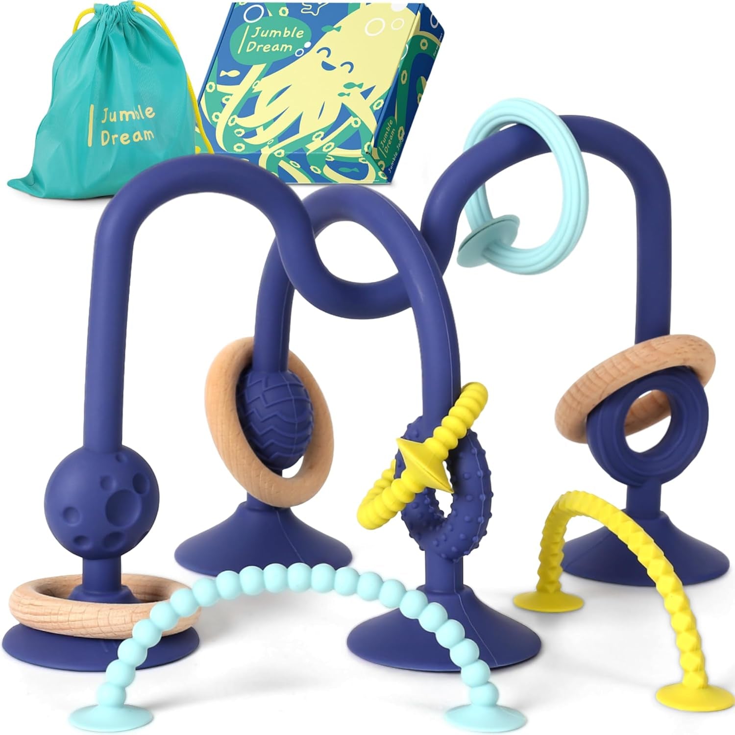 JUMBLE JANGLE Anello per la dentizione del bambino: Giocattolo per la dentizione del bambino 3-24 mesi | Set di 7 giocattoli da masticare senza BPA | Anello da dentizione in silicone rinfrescante | Giocattolo per bambini con ventosa per seggiolone, tavolo e vasca da bagno