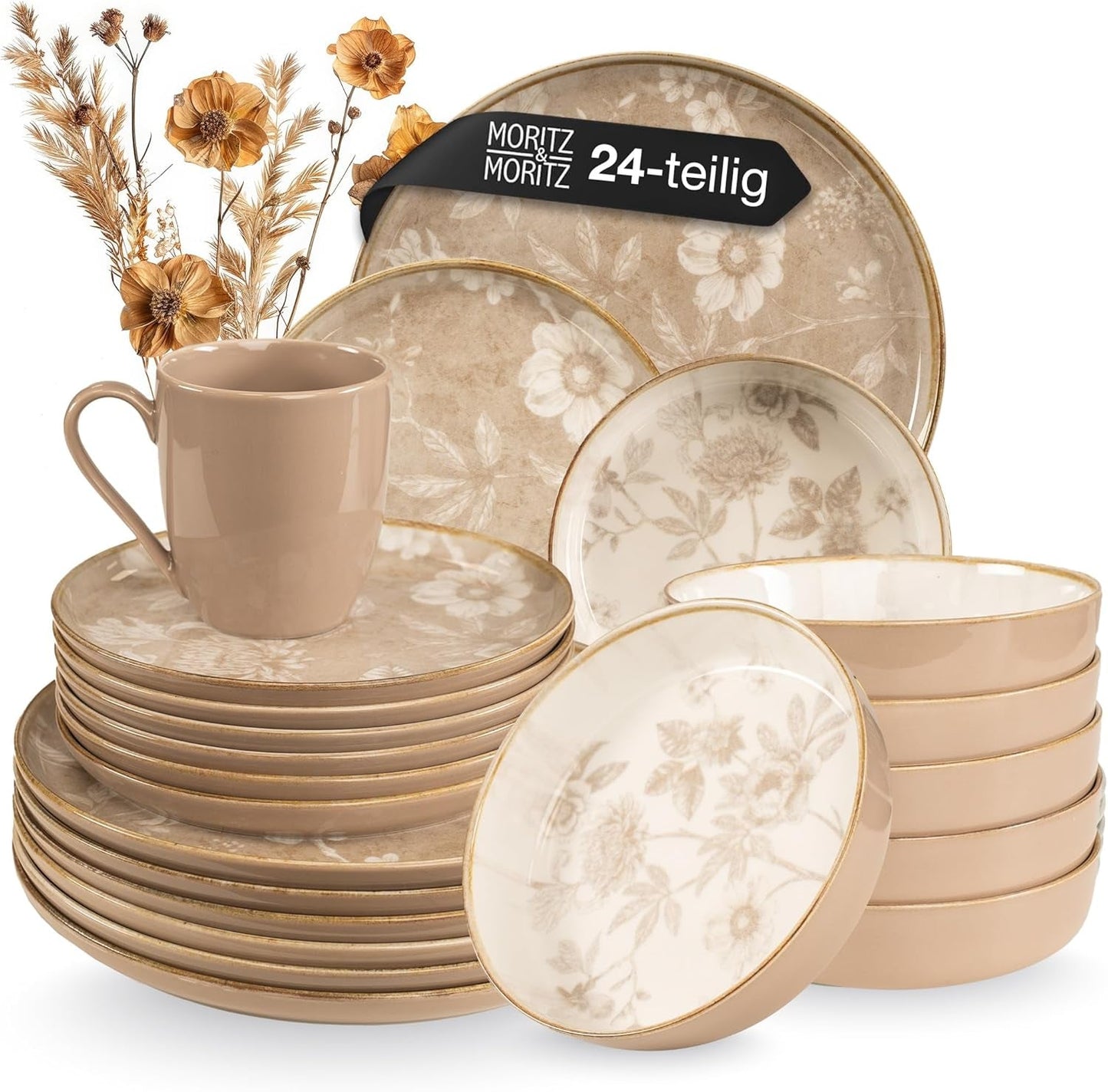 Moritz & Moritz MARIELLA Set di stoviglie in gres da 24 pezzi per 6 persone - Stoviglie moderne beige dal design giocoso, servizio da caffè di facile manutenzione con piatti, ciotole e tazze - Set combinato