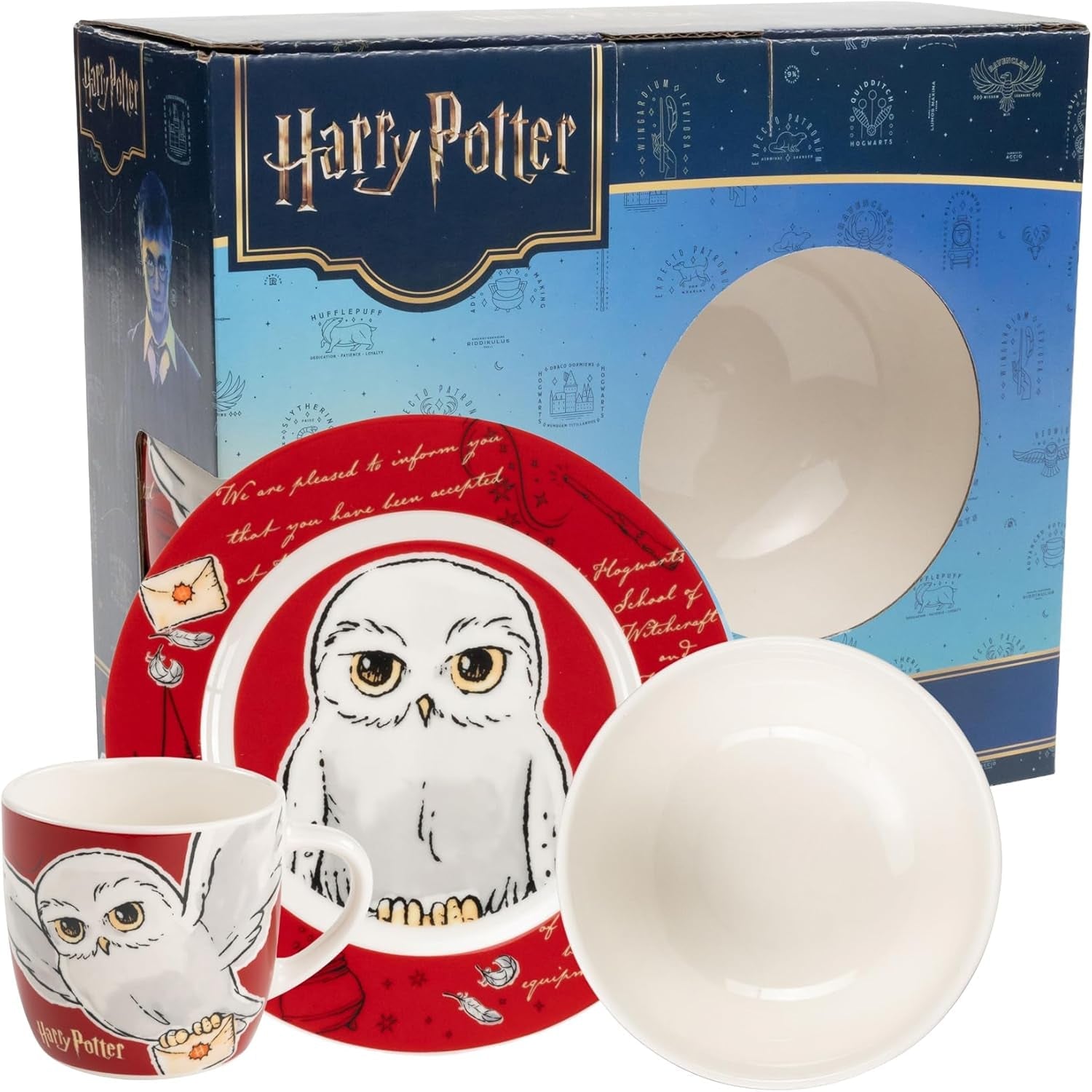 Set stoviglie Harry Potter 3 pezzi, rosso, set colazione in porcellana con piatto Ø 19 cm, tazza 220 ml e ciotola 330 ml, set stoviglie