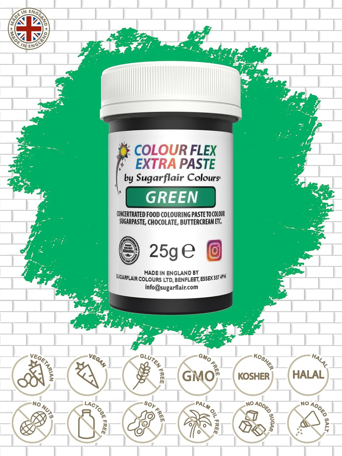 Colorante alimentare Sugarflair Colourflex Extra Paste Verde - Colorante alimentare commestibile per crema al burro, cioccolato, pasta di zucchero, glassa, fondente, miscele per torte, impasti e altro - 25 g