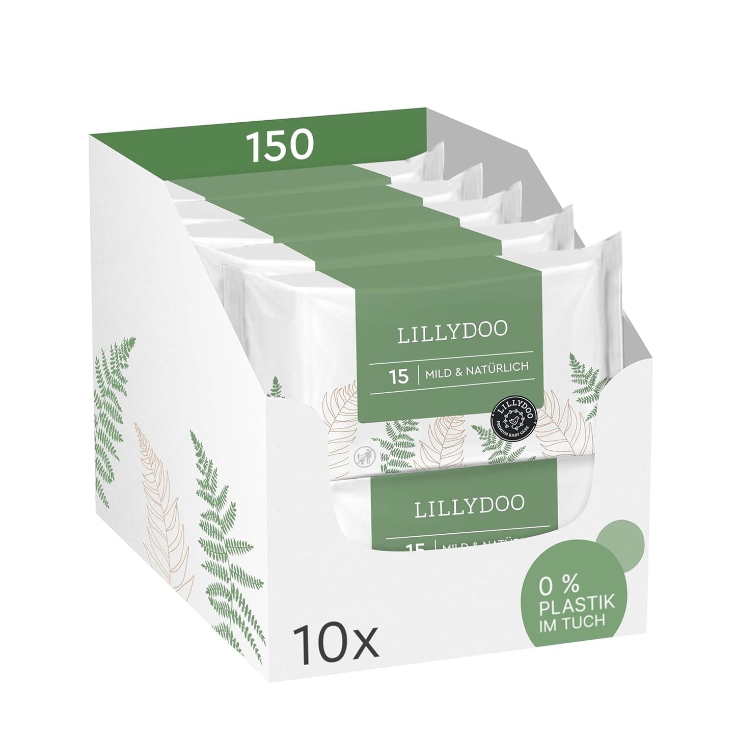 LILLYDOO Salviette umidificate Green, 600 salviette (10 x 60), salviette resistenti allo strappo 100% senza plastica - Senza profumo, delicate e naturali, detergenti delicati per pelli sensibili, dermatologicamente testate