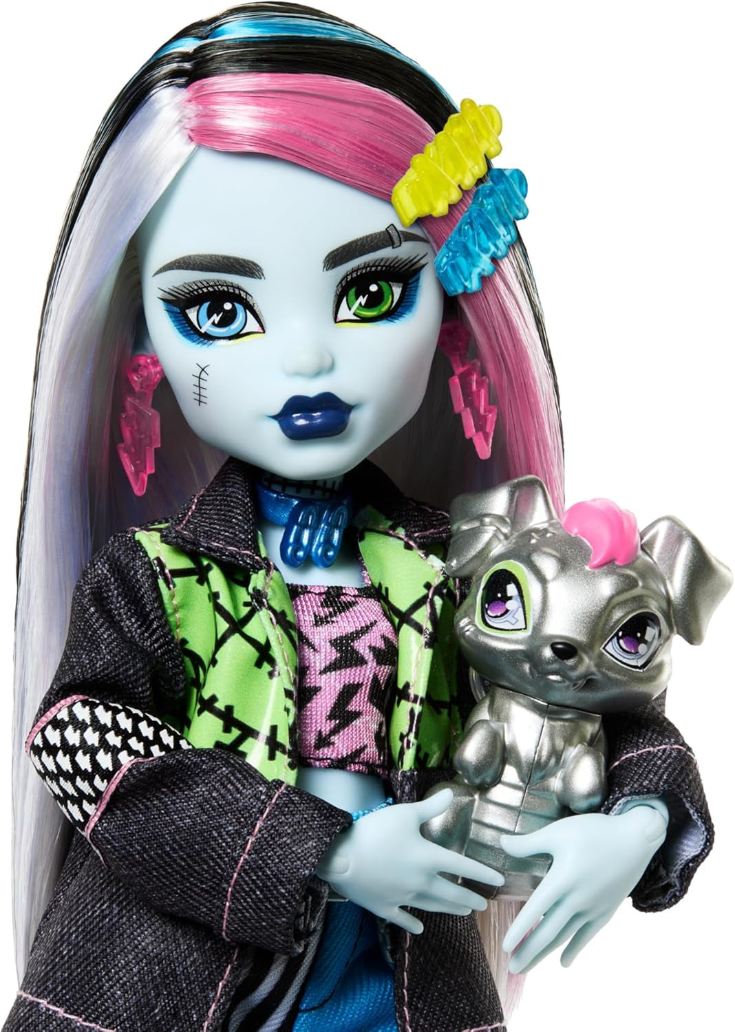 Monster High Frankie Stone bambola in giacca di jeans e pantaloncini, include cane Watzie e accessori come zaino, snack e taccuino, HXH73 Naty Shop Dolls