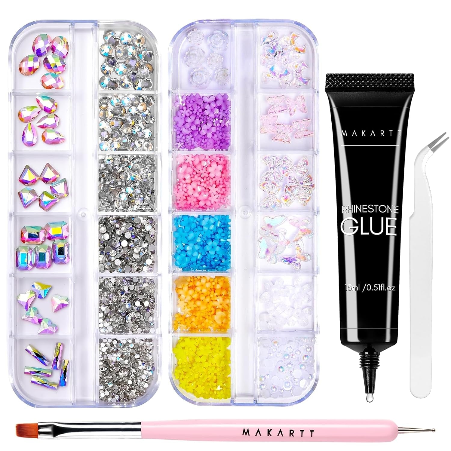 Makartt Gel adesivo per strass - Set di colla UV per unghie da 15 ml con ciondoli per unghie rosa Cuore Cerchio Gioielli per unghie e accessori per design delle unghie per manicure domestica Regalo di San Valentino