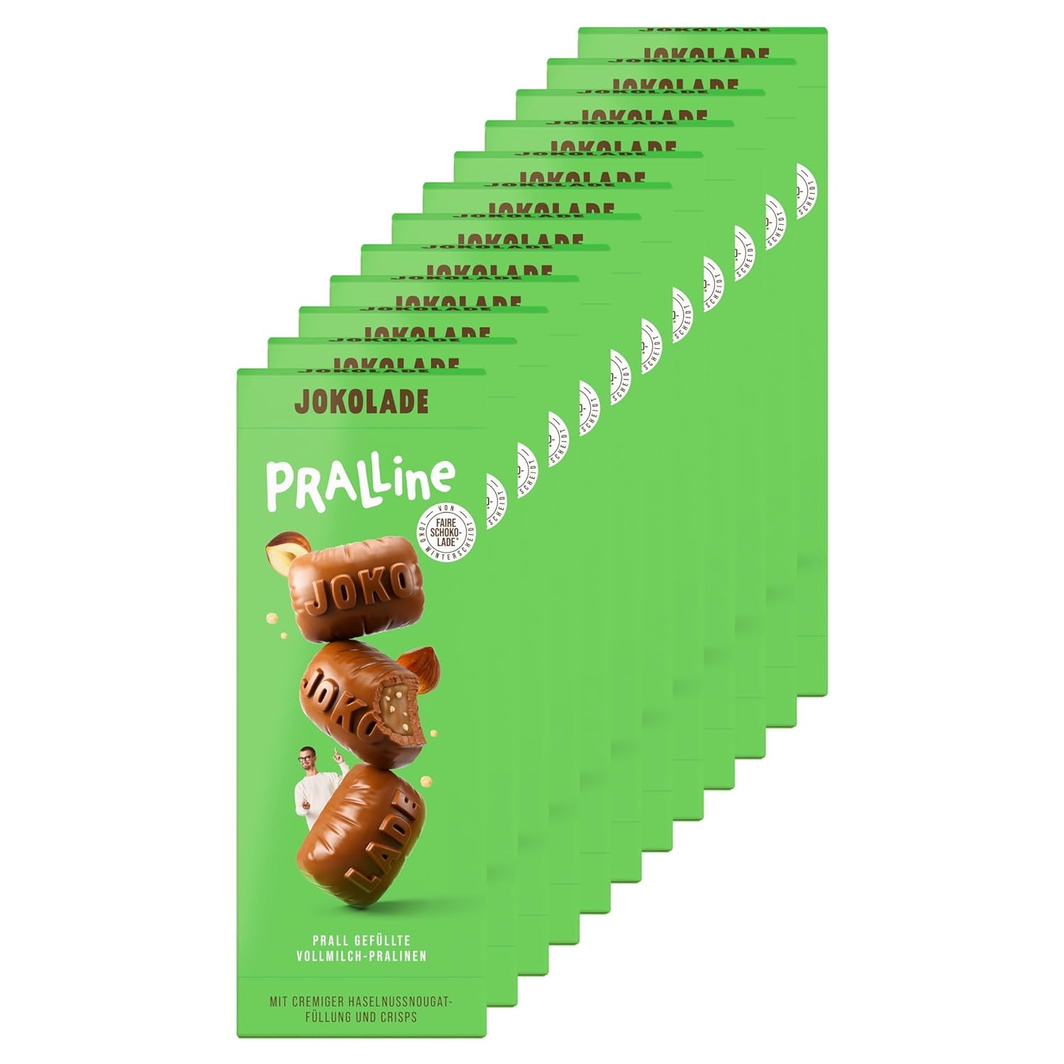 JOKOLADE PRALLINE Confezione Risparmio 12 x 80 g | Ripieno generoso con crema di torrone alla nocciola e chips | Cioccolato giusto di Joko Winterscheidt