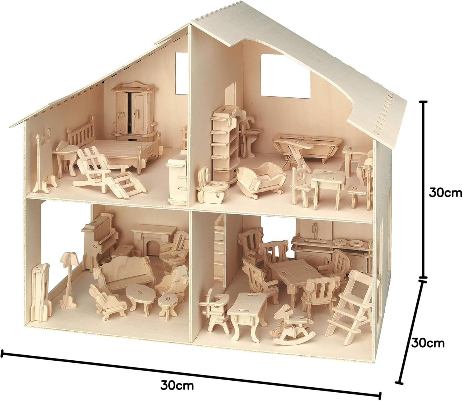 Pebaro Donau Elektronik _M880 Puzzle 3D Casa delle Bambole con Mobili, 30 x 30 x 30 cm, Naturale