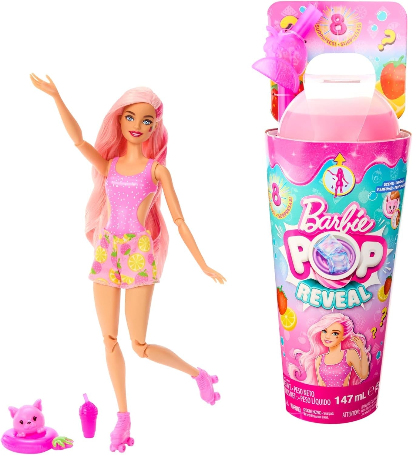 Barbie Pop Reveal Fruit - Bambole a sorpresa con 8 sorprese fruttate, tra cui una bambola posizionabile profumata alla fragola e limonata e un soffice cucciolo, dai 3 anni in su, HNW41
