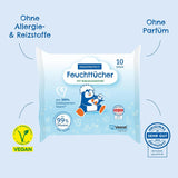 Salviette umide PAEDIPROTECT 1 x 10 pezzi, salviette umide per bambini sensibili con acqua al 99% d'acqua, senza profumo, per pelle delicata di neonati e bambini, con estratto di cocco, senza microplastiche, vegane (confezione da 5)