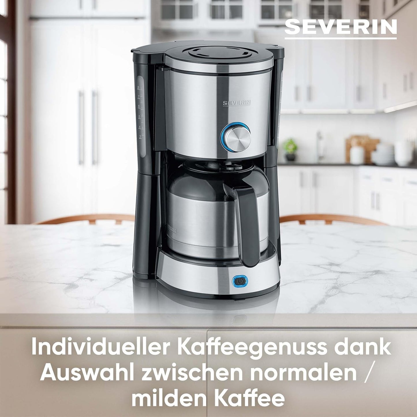 Macchina per caffè espresso SEVERIN "TypeSwitch" con caraffa termica, AromaSwitch per scegliere tra 2 profili di erogazione, macchina da caffè fino a 10 tazze, 1000 W, acciaio inossidabile spazzolato-nero, KA 4845