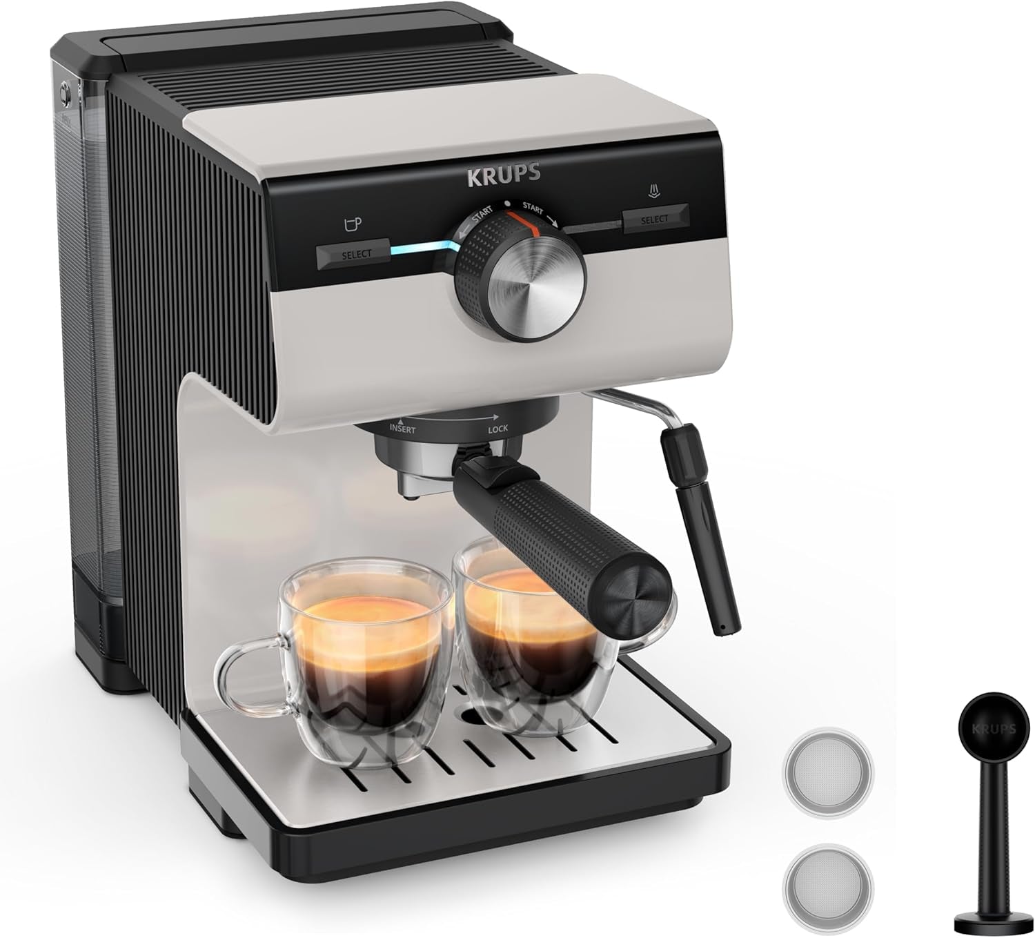 Macchina per caffè espresso KRUPS Authentic+, 15 bar, funzionamento intuitivo, design sofisticato, ugello vapore, accessori estesi inclusi, Bullet Dark silver/Stainless steel, XP384G10