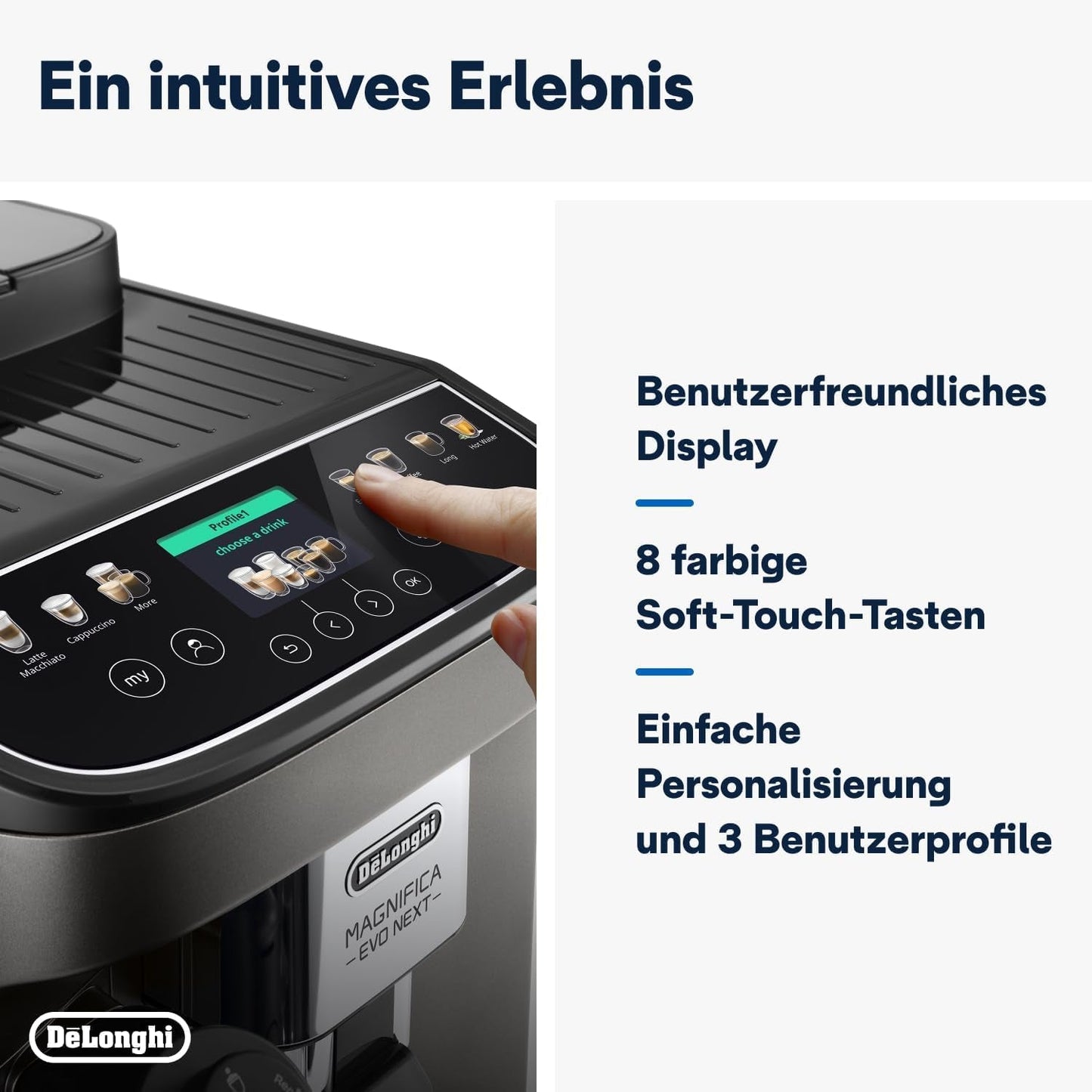 De'Longhi Magnifica Evo Next - Perfetto Espressore completamente automatico con montalatte LatteCrema, 13 bevande one-touch, macchina per caffè e cappuccino, touch screen a colori, titanio (ECAM312.80.TB)