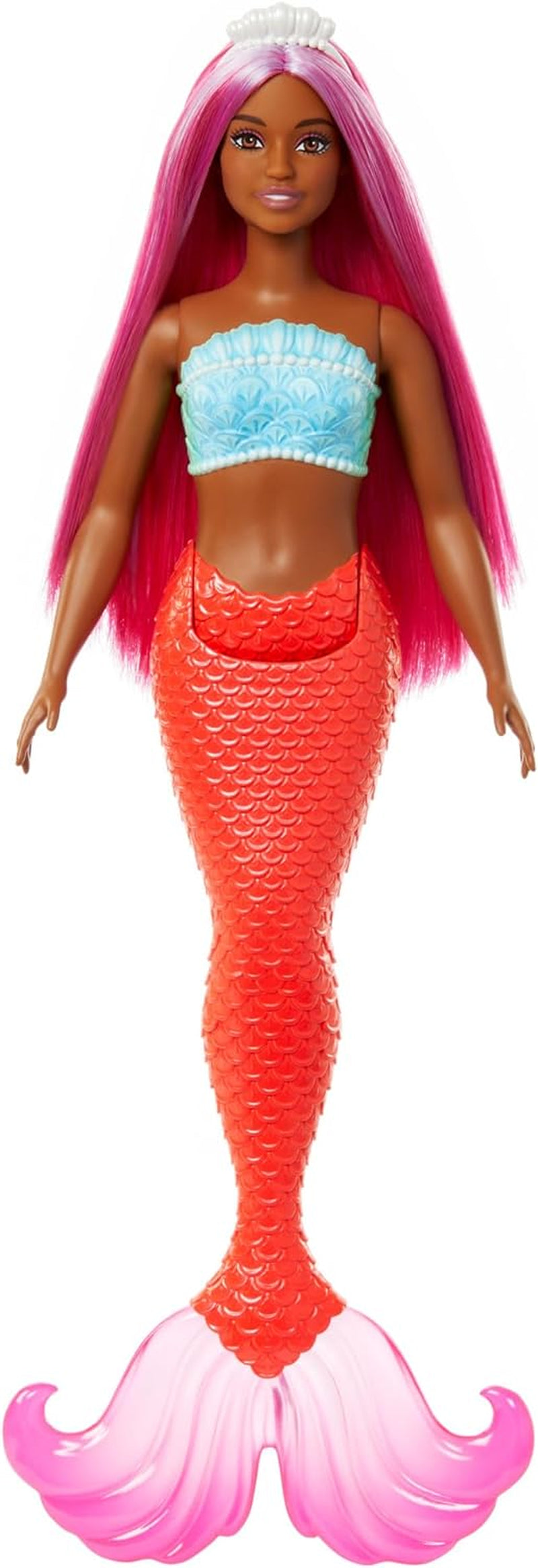 Barbie Sirena con Capelli Fantasia Rosa e Lilla e Fascia per Capelli, Top a Conchiglia e Pinna Coda Blu Lavanda, HRR06 Naty Shop Dolls Coda da Sirena in Rosso Tropicale