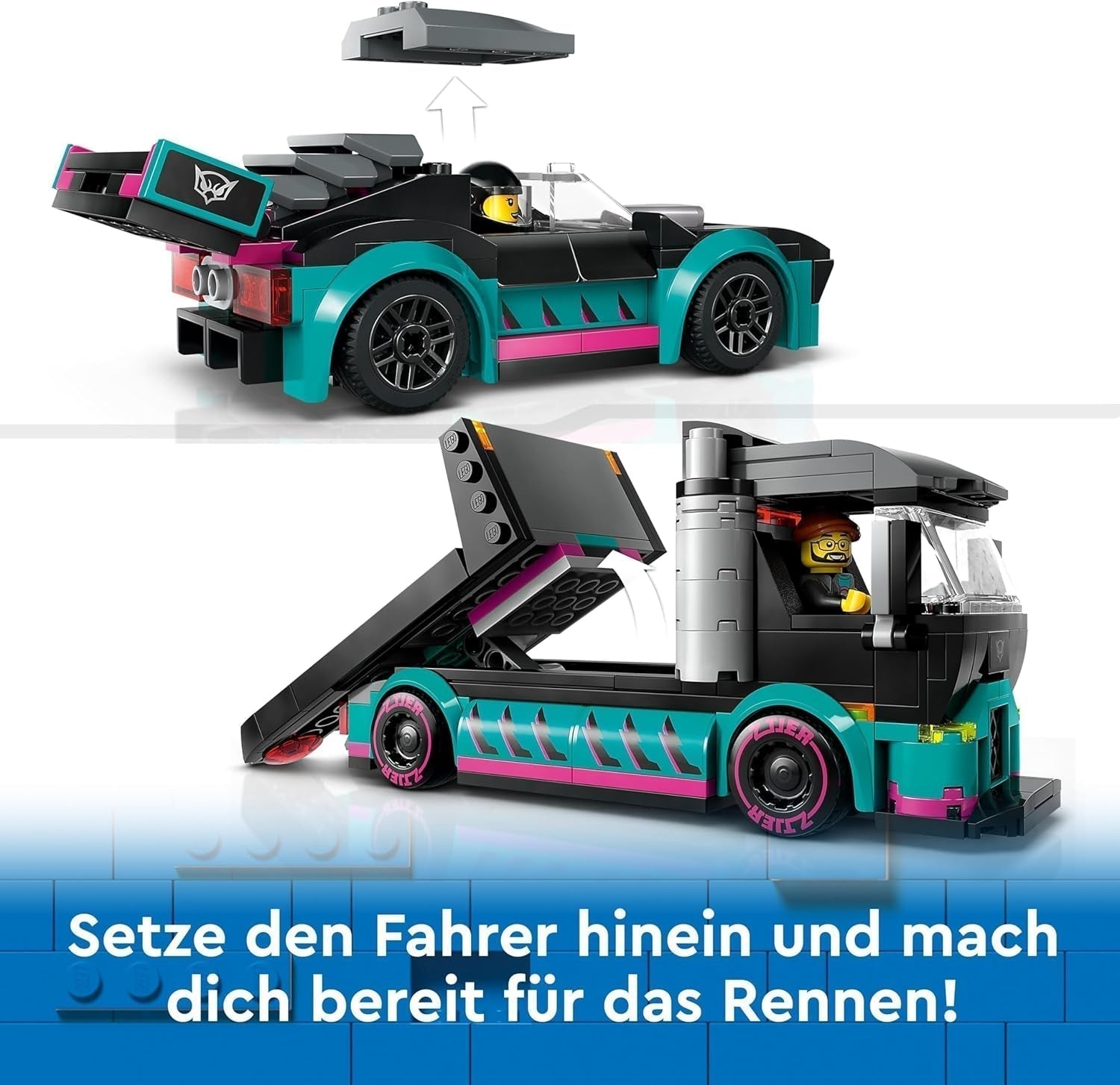LEGO City Bisarca con auto da corsa, camion giocattolo con rampa di carico regolabile e auto da corsa, set da costruzione con 2 minifigure, pilota da corsa e camionista, per bambini dai 6 anni 60406 Set da costruzione Besuche den LEGO-Store