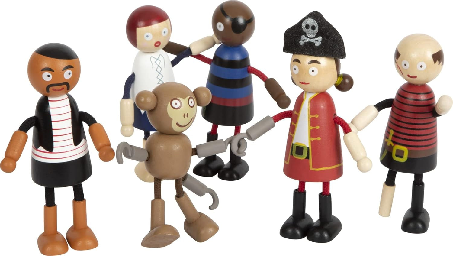 Bambole pirata in legno flessibili Small Foot, 5 pirati e 1 scimmia, dettagliate e flessibili, dai 3 anni in su, 12412