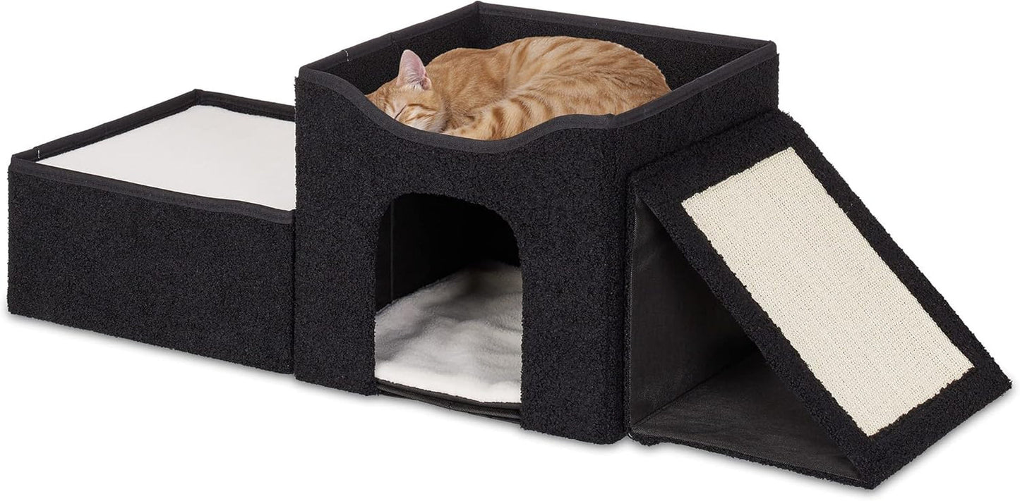 Relaxdays Katzenhöhle, pieghevole, 3 Liegeplätze, Katzenhaus mit Kratzfläche, HBT: 36,5x112x41 cm, Katzenversteck, nero