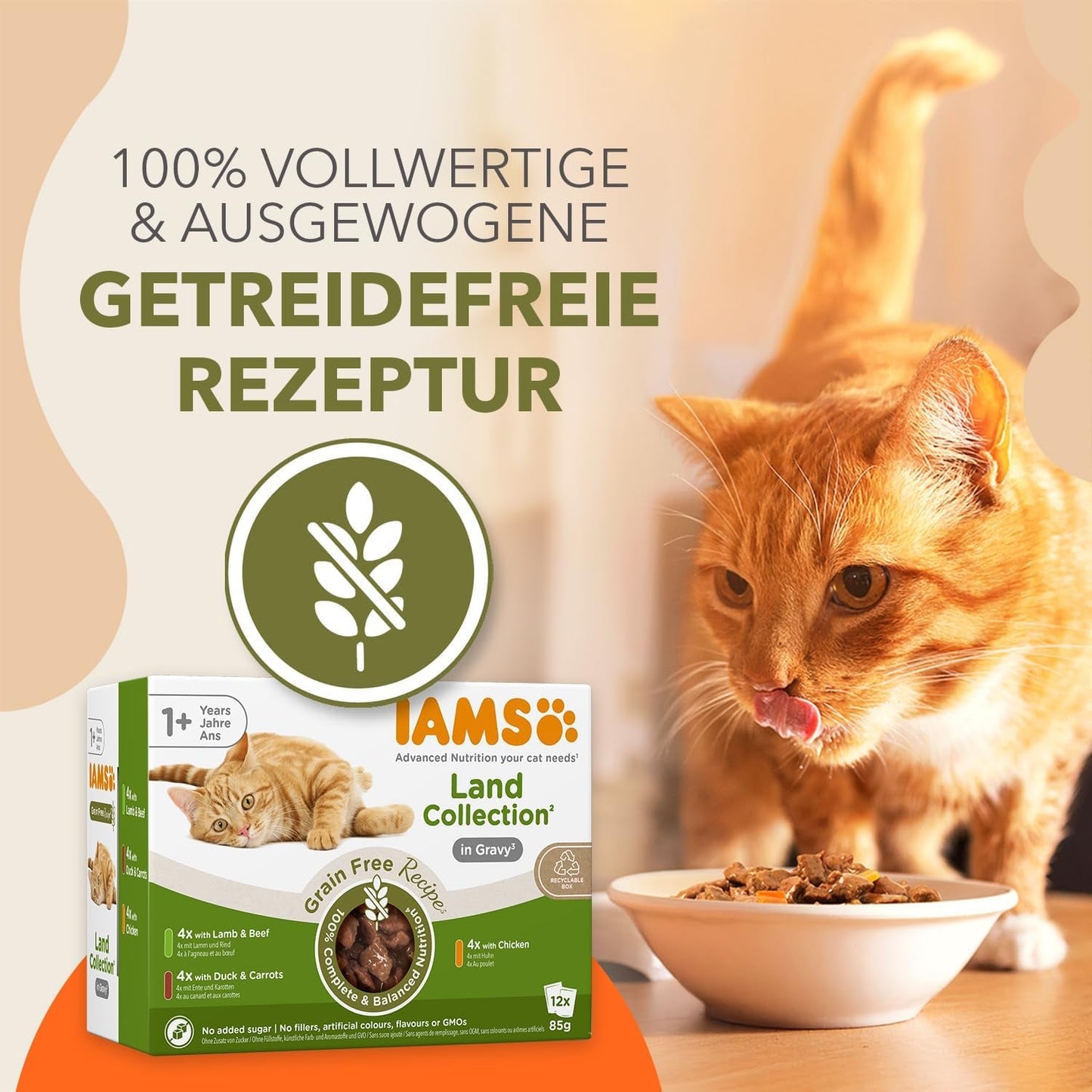 IAMS Delights Land Collection Cibo umido per gatti senza cereali - Confezione con varietà di carne Confezione multipla di cibo umido senza cereali per gatti da 1 anno in su 12 x 85 g