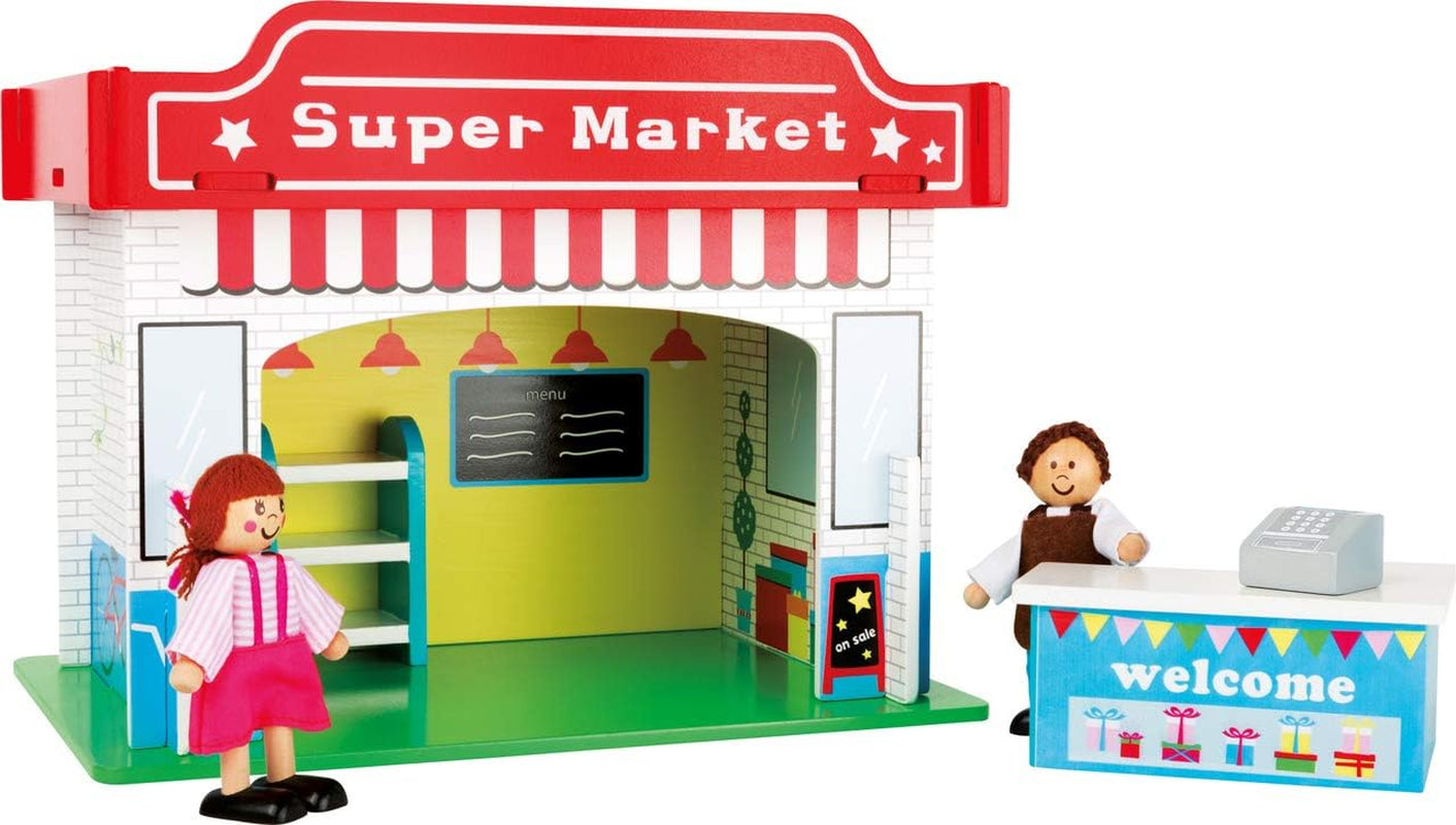 Small Foot 10852 Casetta da gioco Ristorante In legno, Con 2 bambole, accessori e tetto rimovibile, A partire da 3 anni Case delle bambole Naty Shop Supermercato