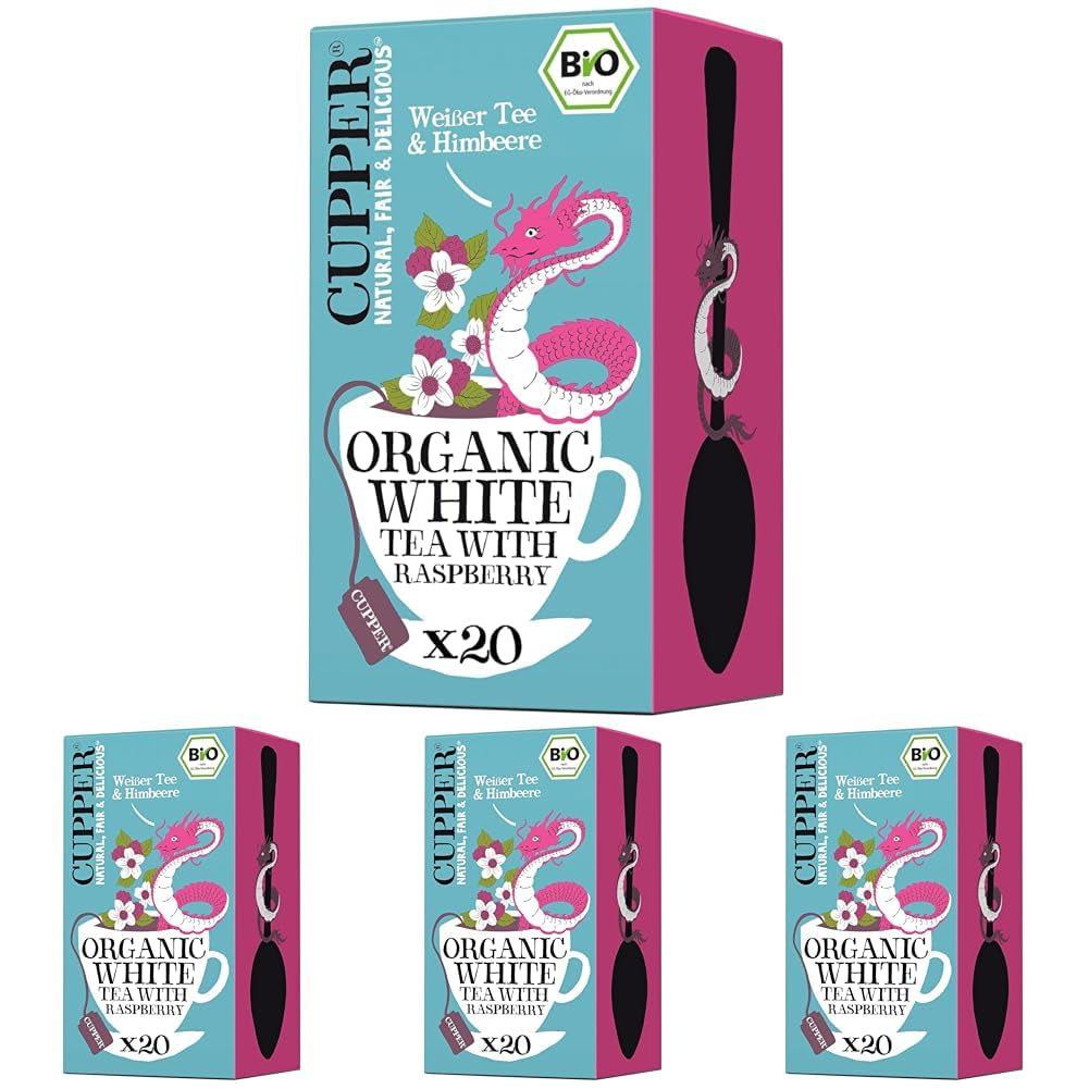 Cupper Tè Bianco Biologico, Lampone, 20 Bustine, 34g (Confezione da 4)
