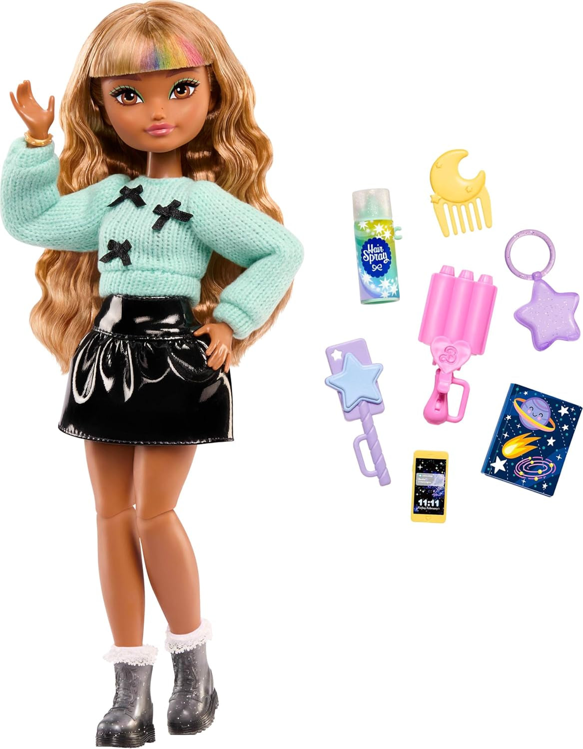 Barbie Dream Besties Bambola e accessori, Zia Fashion Doll con arrangiamenti staccabili e capelli castani ondulati, capelli in 7 pezzi e luna, JGG36