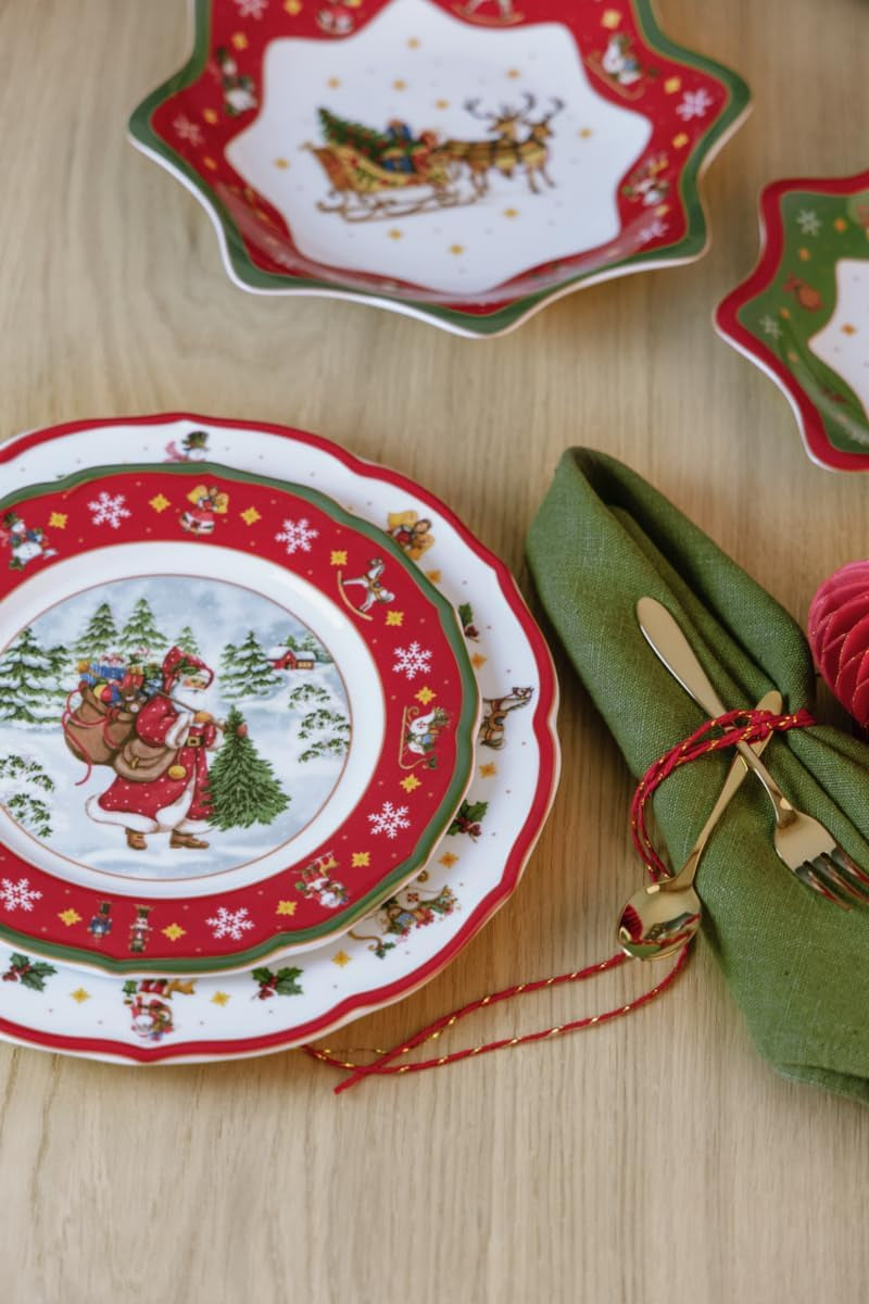 Hutschenreuther Happy Wintertime Red Christmas Servizio Tavola per 6, Porcellana, Multicolor, 6 Piatti Colazione, 6 Piatti Piani e 6 Piatti Piani, Lavabili in Lavastoviglie e Utilizzabili nel Microonde