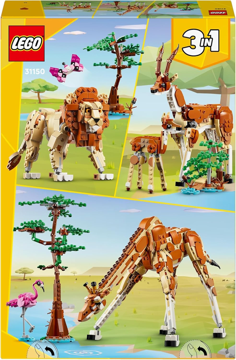 LEGO Creator 3In1 Animal Safari, set creativo con personaggi di animali, 3 opzioni di costruzione: giraffa, gazzella e leone giocattolo, animali giocattolo per ragazze e ragazzi, regalo naturale per bambini dai 9 anni in su 31150 Set da costruzione Beuche den LEGO-Store