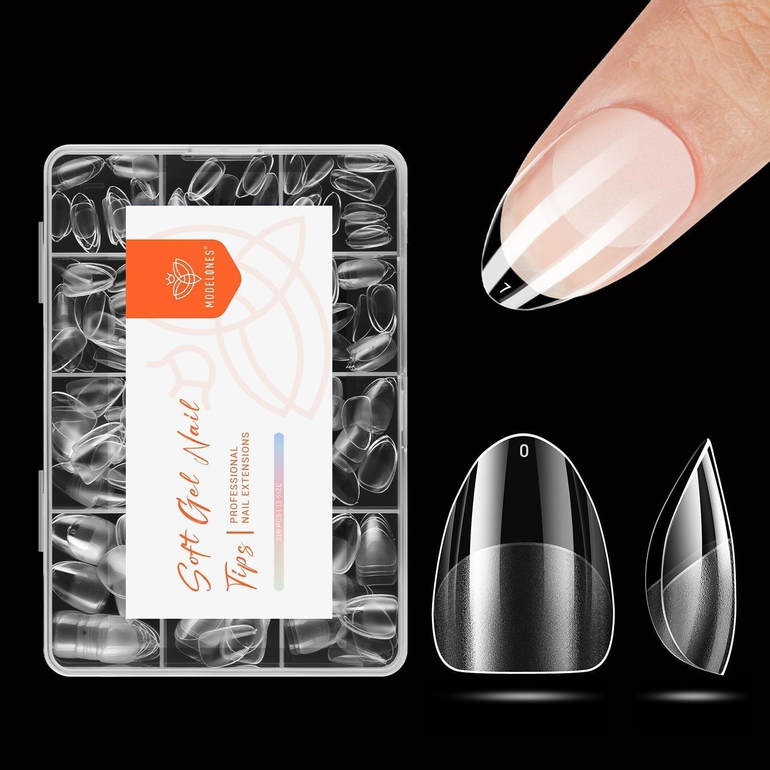 Modelones Nail Tips 216 pezzi - Set di punte per unghie a copertura totale, Set di punte in gel morbido, Punte per unghie in resina PMMA pre-lucidatura, Colla fai-da-te su unghie artificiali, Mandorle corte XS