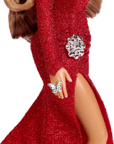 Barbie Mariah Carey - Bambola da collezione con vestito rosso scintillante, volant, spacco, riccioli affascinanti, accessori argento, tacchi alti rossi, tradizione natalizia, decorazione, HJX17