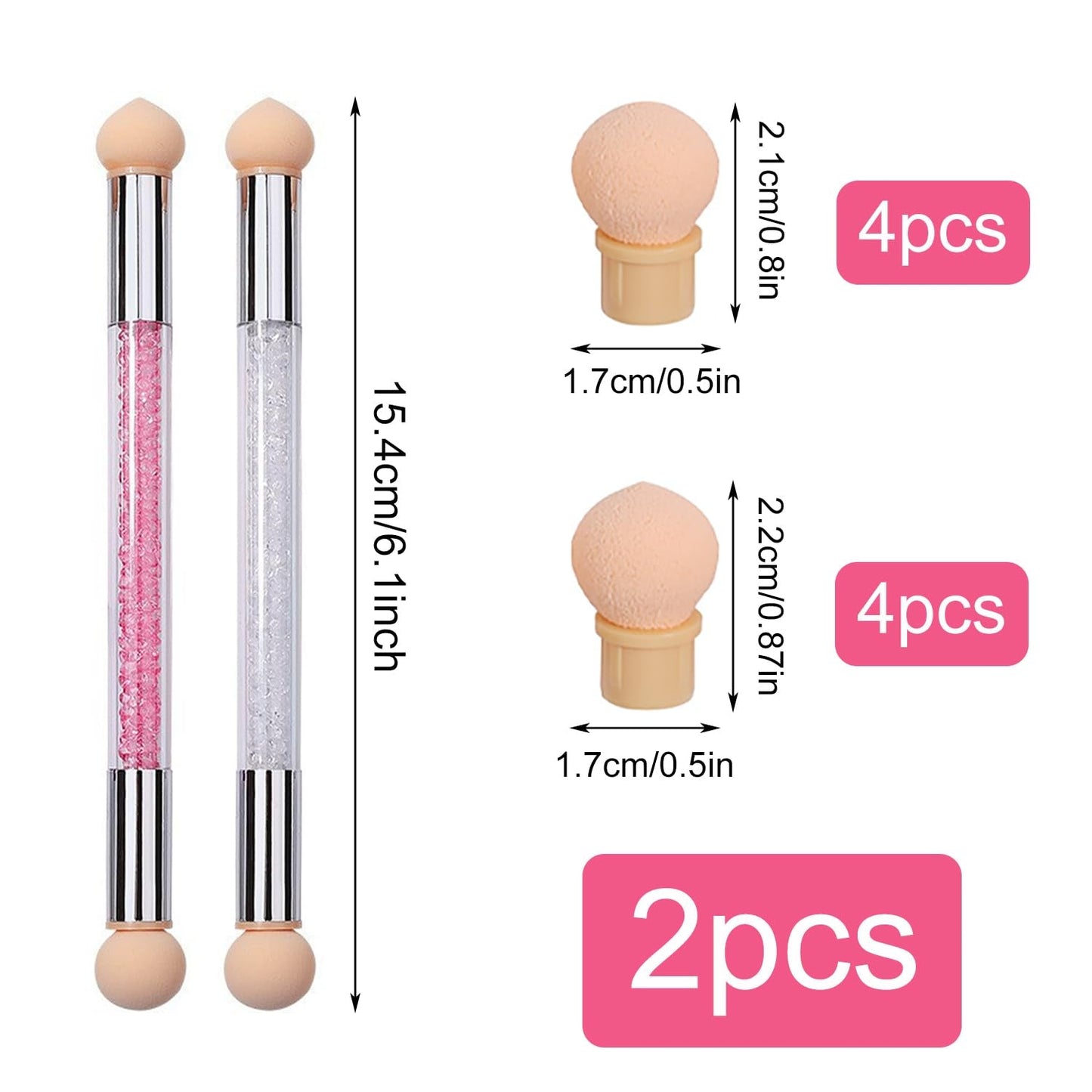 2 Stück Nail Art Rendering-Werkzeuge Doppelter Kopf, Spugna Applicatore Pennello Inkl 8 Ersatzköpfe, Nail Art Schwamm Und Tupfpinsel(Weiß, Rosa)