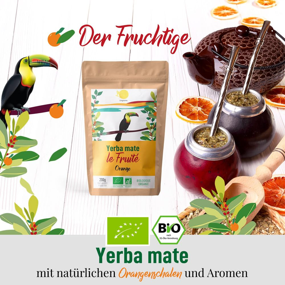 ORIGEENS BIO YERBA MATE alle arance 200 G - Tè fruttato I Tè Yerba Mate biologico non tostato, senza gambi e polvere I Bevanda energizzante e disintossicante