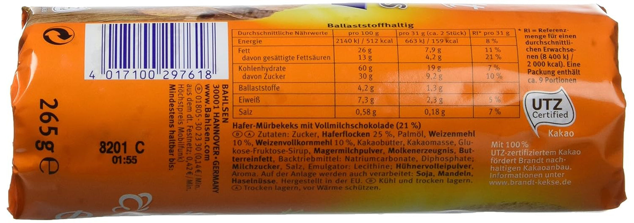 Brandt Hobbits Chocolate - Confezione da 18 - Scatola portaoggetti - Biscotti integrali con farina d'avena e cioccolato mezzo fine, ricchi di fibre (18 x 265 g)