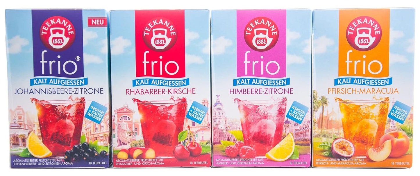 Teekanne Frio confezione da 4, ciliegia rabarbaro, ribes al limone, lampone al limone, pesca al frutto della passione (4 x 45 g)