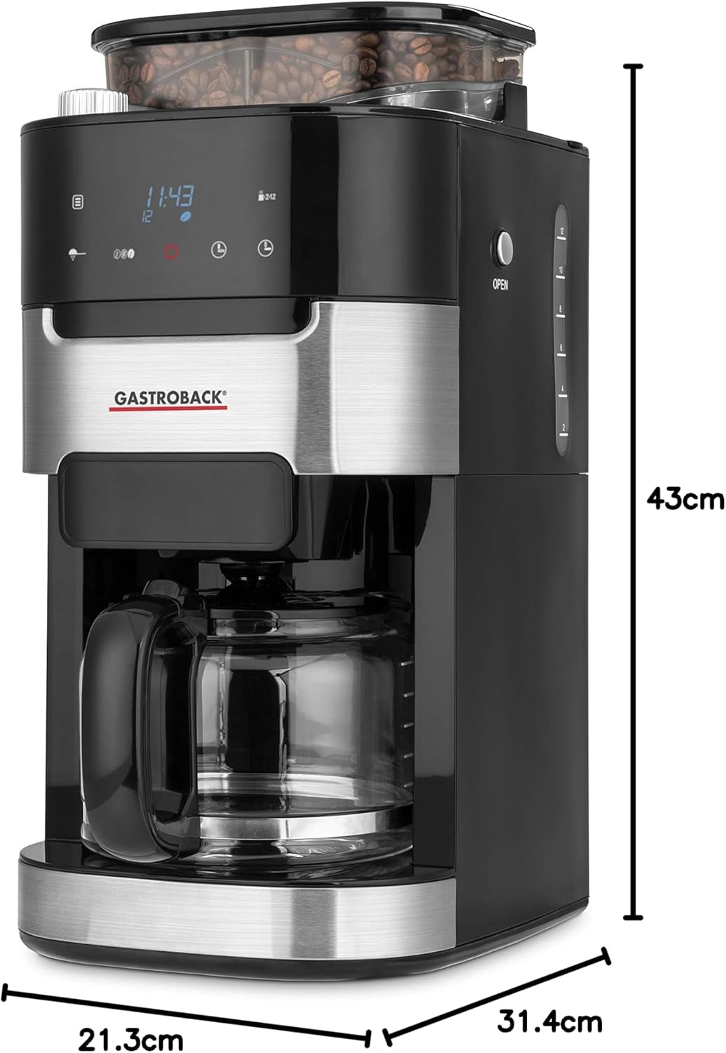 GASTROBACK 42711 Macchina per caffè espresso Grind & Brew Pro, Macchina per caffè espresso con filtro e macinacaffè integrati, Macinino conico con 8 impostazioni di macinatura, Touch screen LCD, Plastica