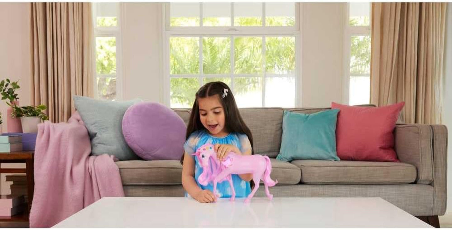 Barbie unicorno che si illumina al buio con 20 combinazioni interattive di effetti luminosi, sonori ed musicali per giocare premendo i pulsanti e accarezzando la testa, JCP78