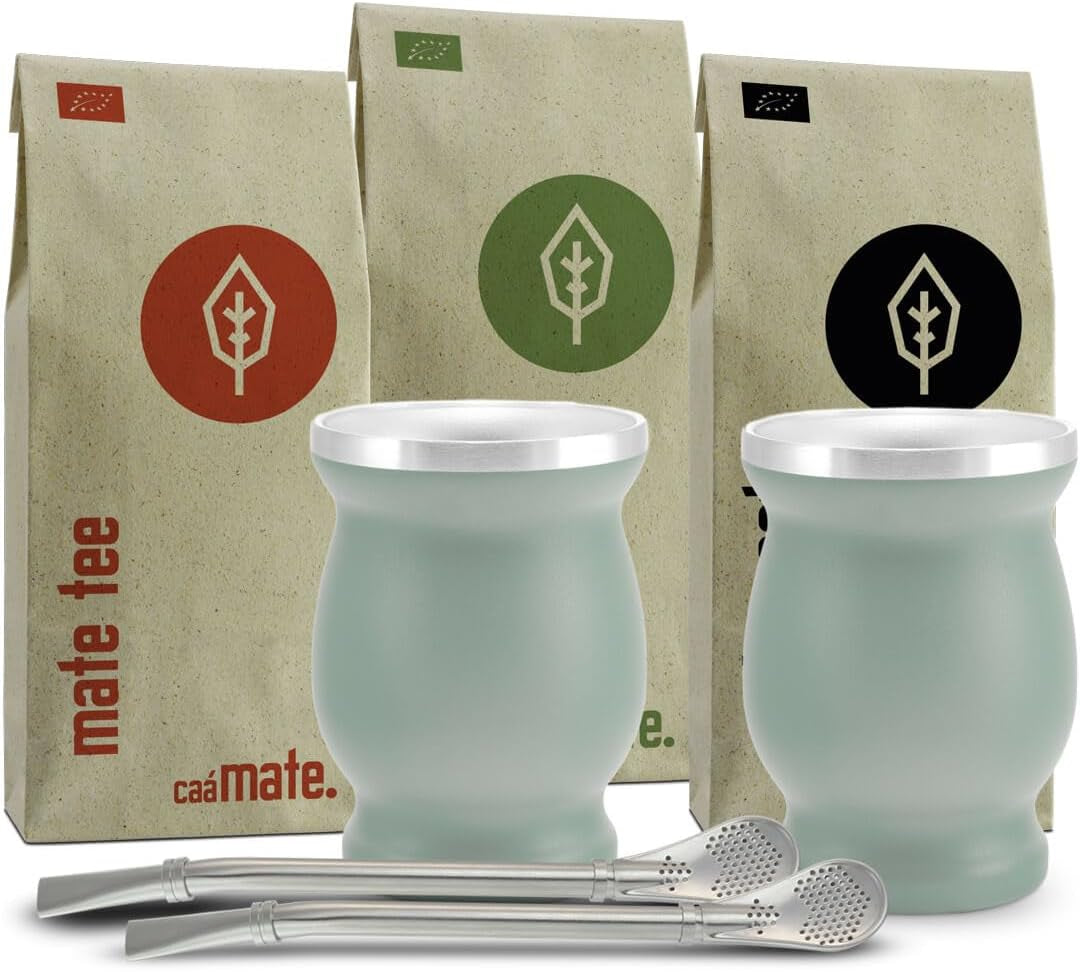 Set da tè Mate Bio ● 3 assortimenti Mate + 2 tazze Mate in acciaio inossidabile a doppia parete + 2 bombillas + istruzioni per la preparazione (nero)