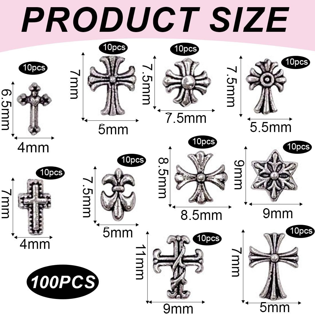 100 pezzi portachiavi per unghie a croce 3D, portachiavi per unghie a croce, portachiavi per unghie cromati, accessori per unghie vintage, decorazioni per unghie fai da te, per donne e ragazze, decorazioni per unghie fai da te