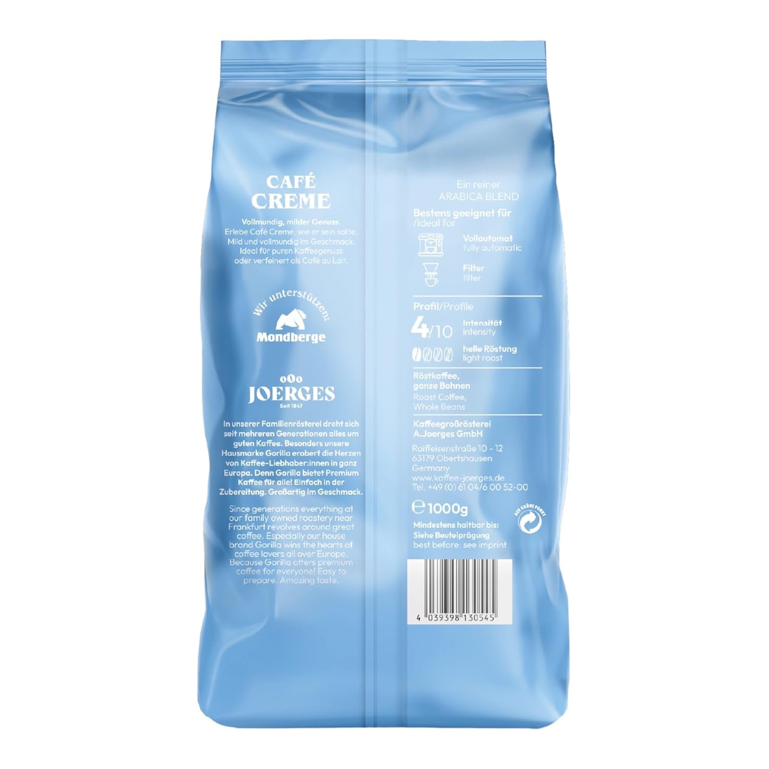 Gorilla Café Creme 6x 1000g | 100% Arabica tradizionale-Bohnen | Ideale Volllautomaten Crema Aroma armonico | geriger Koffeingehalt helle Röstung | Vorratspackung