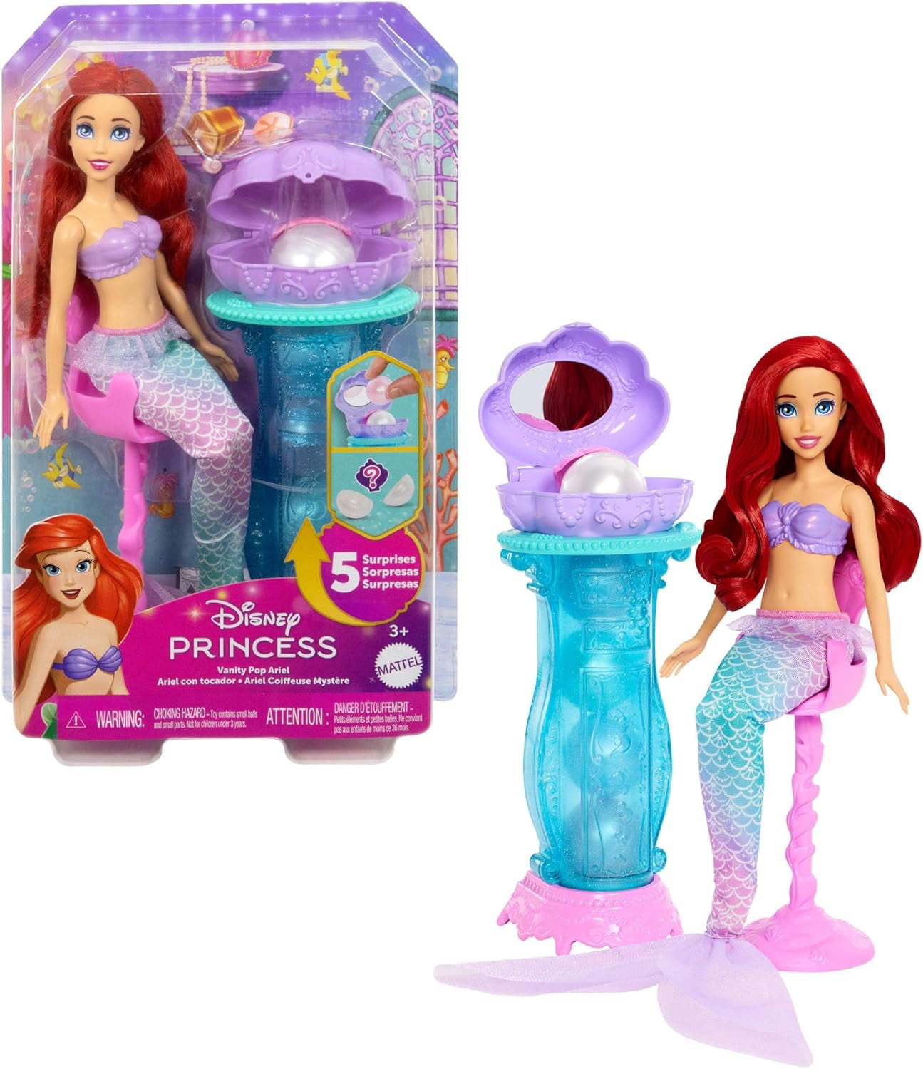 Mattel Disney Princess Toys, bambola alla moda sirena Ariel con pinna caudale staccabile, toletta con 5 sorprese pop-up ripetibili e 5 accessori, JBF86