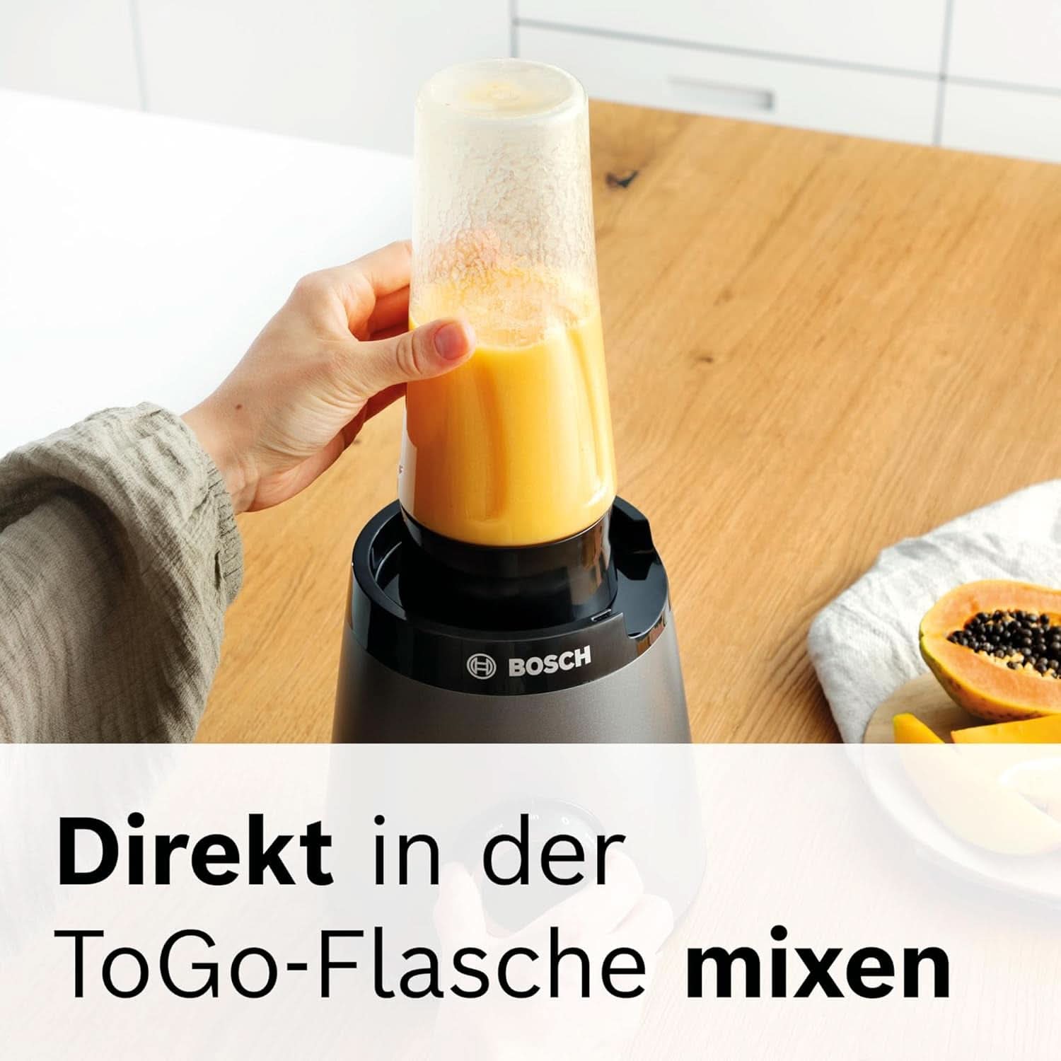 Robot da cucina Bosch Vitapower Serie 4 MMB6177S, Edelstahl-Klingen Made in Germany, bicchiere in vetro Thermosafe da 1,5 l, fiaschetta To-Go da 0,6 l, stopfer, zerkleinerer universale, 30.000 giri/min, 1200 W, Argento Kitchen Naty Shop
