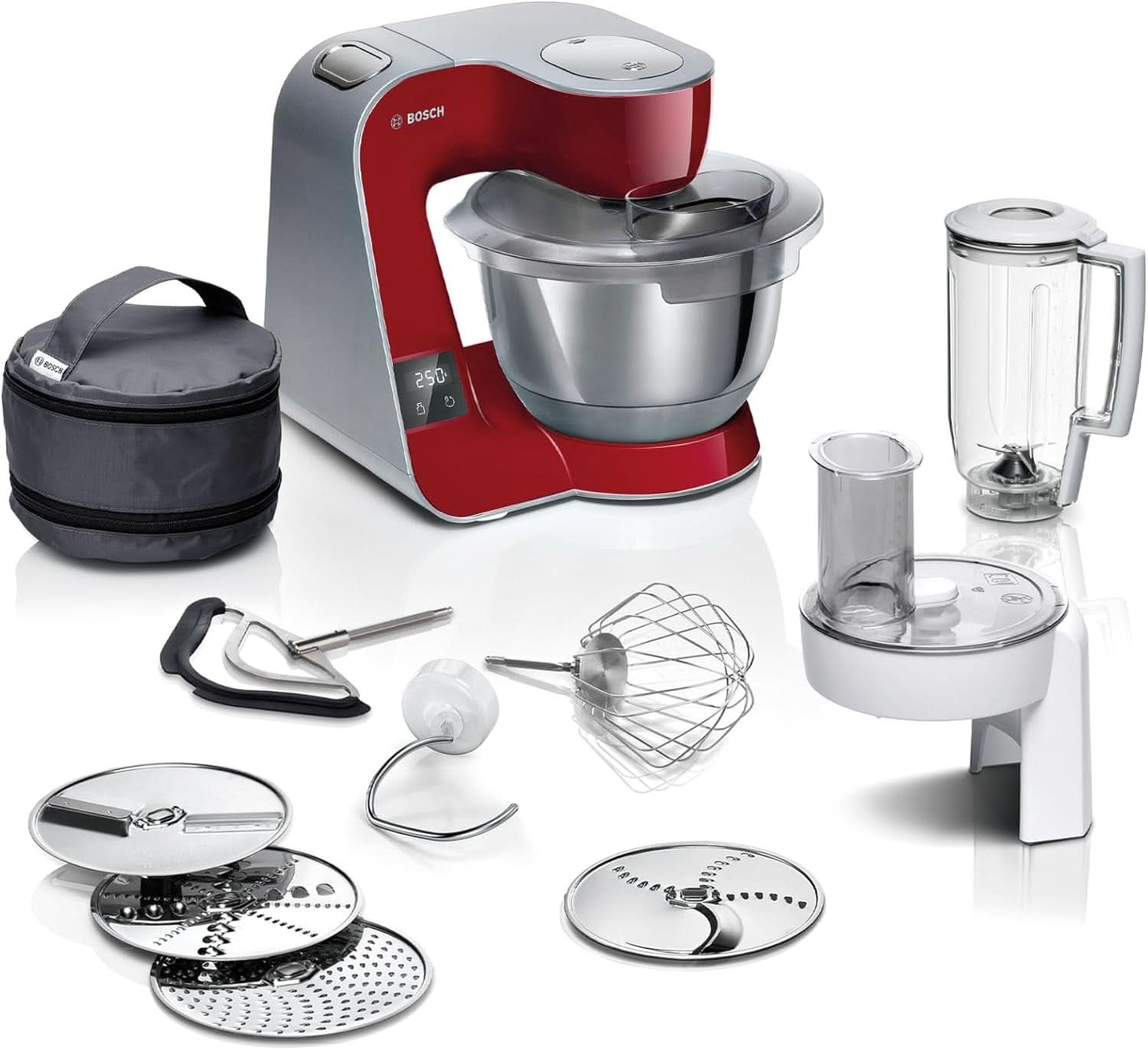 Robot da cucina Bosch Serie 4 MUM5X720, bilancia integrata, ciotola inox 3,9L, mixer 1,25L, 1000W Accessori Alimentazione e Allattamento Baby Naty Shop Singolo Rosso scuro/argento 2 accessori