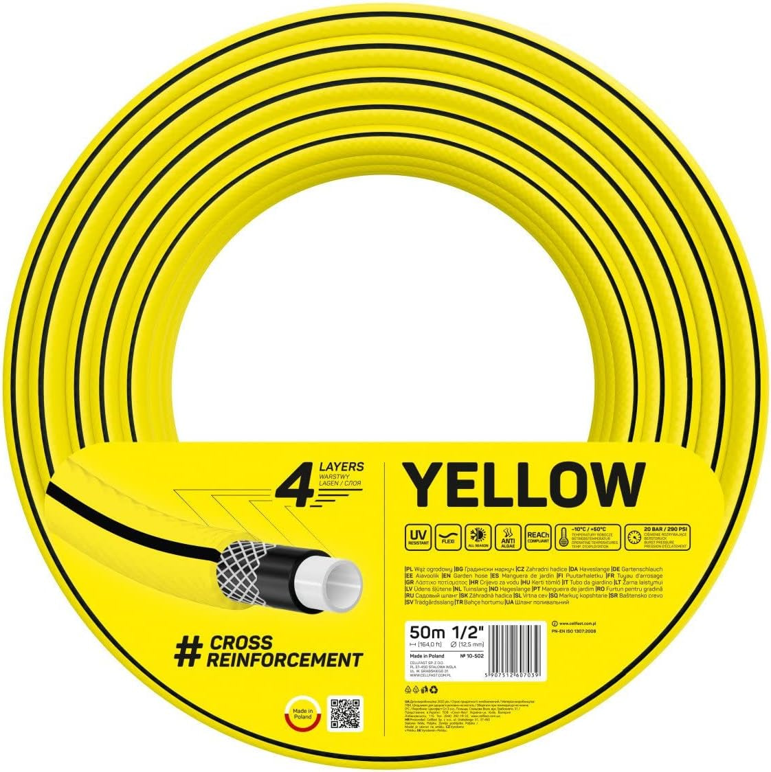 Tubo da giardino Cellfast GIALLO, leggero, durevole, 4 capi, treccia incrociata durevole, resistente ai raggi UV e alle alghe, resistente alla torsione, tecnologia REACH, 20 bar, -10/+50°C, chiusura: 1/2", 50m