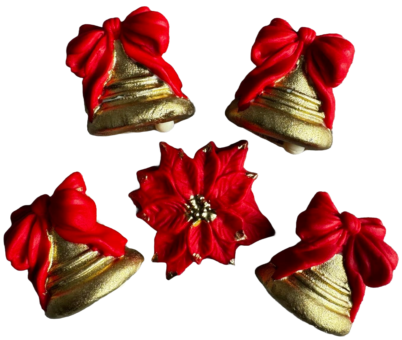 Set 5 decorazioni commestibili in pasta di zucchero, natalizie, campanelle con fiocchi rossi Decorazioni in pasta di zucchero Naty Shop