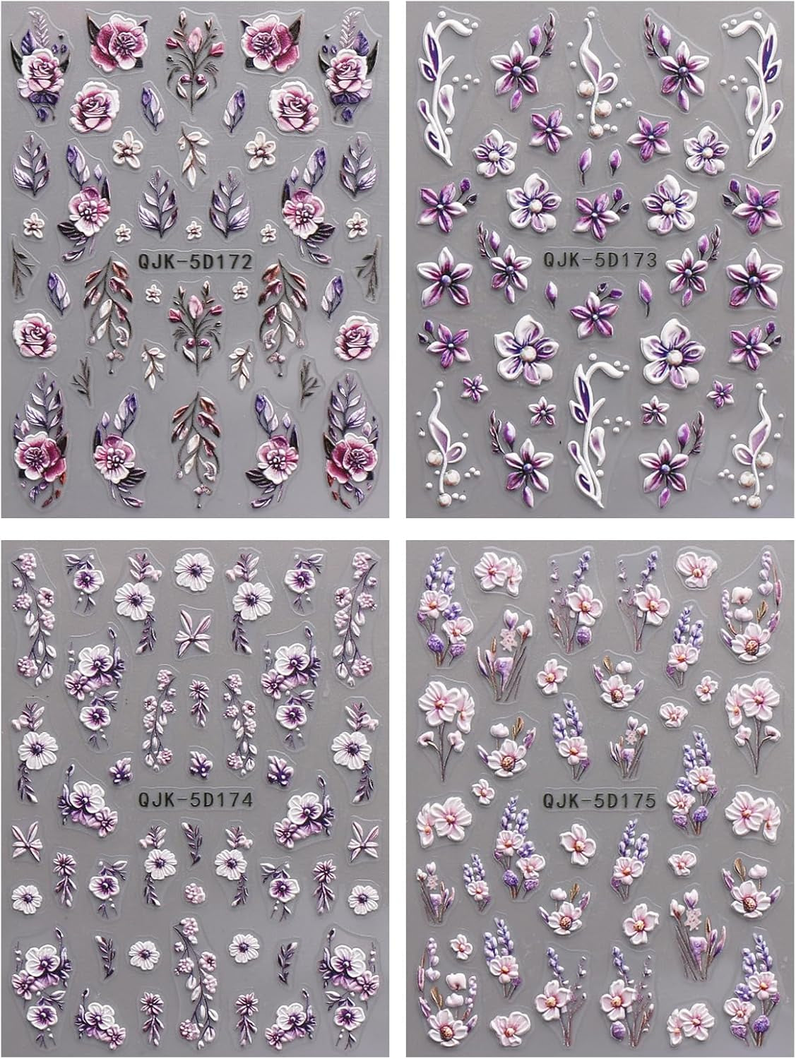 JMEOWIO 3D Nagelsticker Blumen Nail Art Sticker Selbstklebend Nagelaufkleber 5D Stereoscopico Frühling Sommer Dekoration Nageldesign Zubehör 4 Blatt
