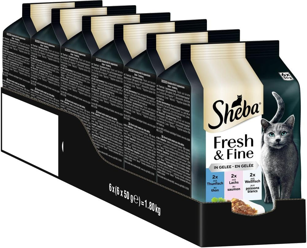 Sheba Portion Pouches Cibo umido per gatti, Multipack Fresh & Fine in gelatina con tonno e salmone MSC, 6x6x50g - Pasti sani per gatti con gelatina