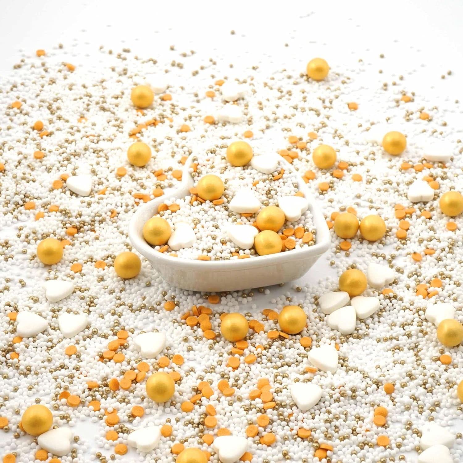 Streusel Glück, Sprinkles con cuori bianchi e palline dorate, 40 grammi Sprinkles Naty Shop