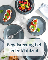 Steingut Geschirrset 12 Personen Rustico 36 tlg. TESTSIEGER, Hochwertiges Landhaussttil Steingut Geschirr Set, Schüssel- und Teller Set, Tafelservice 12 Personen, Geschirrsets Pure Living in Rauchblau