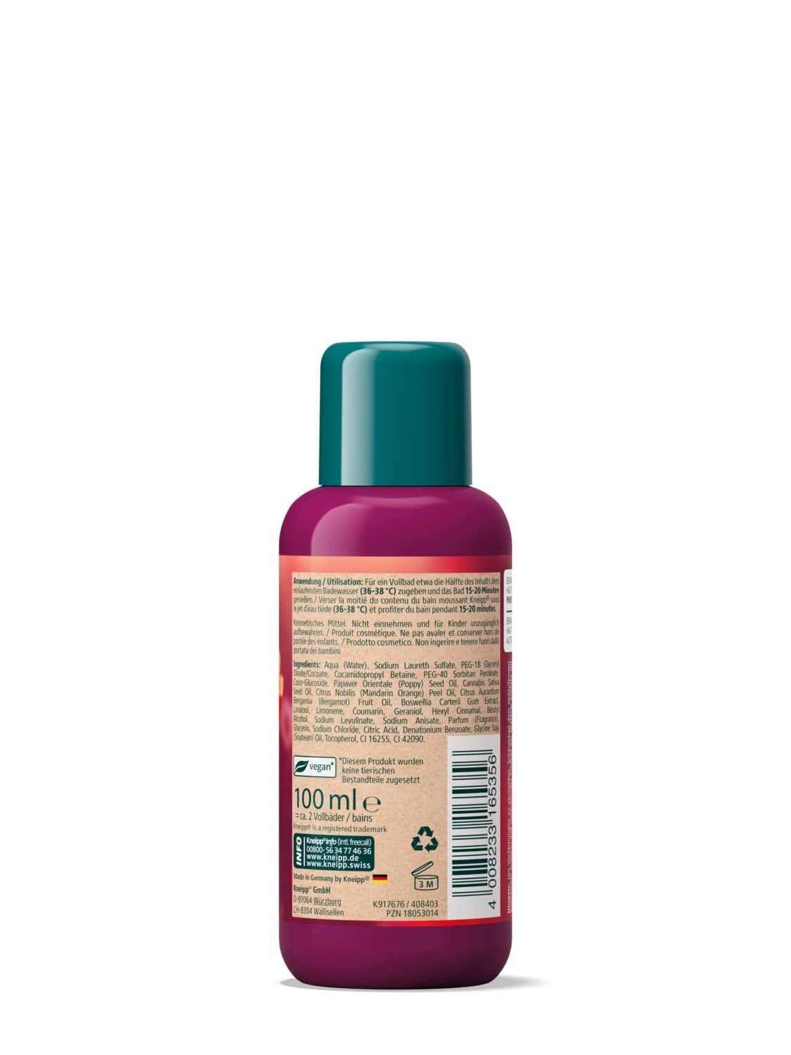 Aroma Kneipp, additivo da bagno con oli naturali di papavero rosso e canapa, per una sensazione di pelle morbida e levigata, 100 ml Doccia e bagno Naty Shop