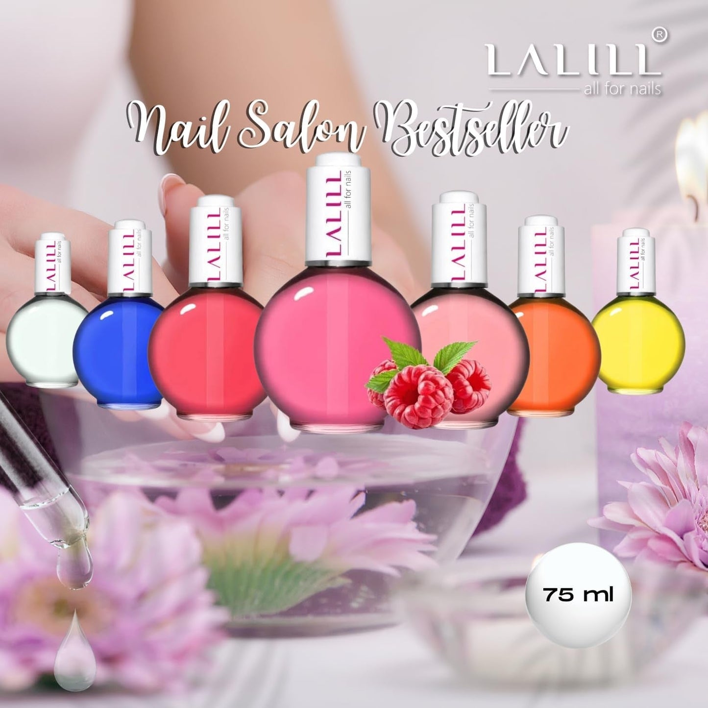 LALILL Olio per cuticole per unghie 75Ml - Himbeere Nagelpflegeöl - Nagelöl Pflege Für Nägel Nagelhaut - SPA Maniküre Naildesign Hände - Vegan - Con pipetta