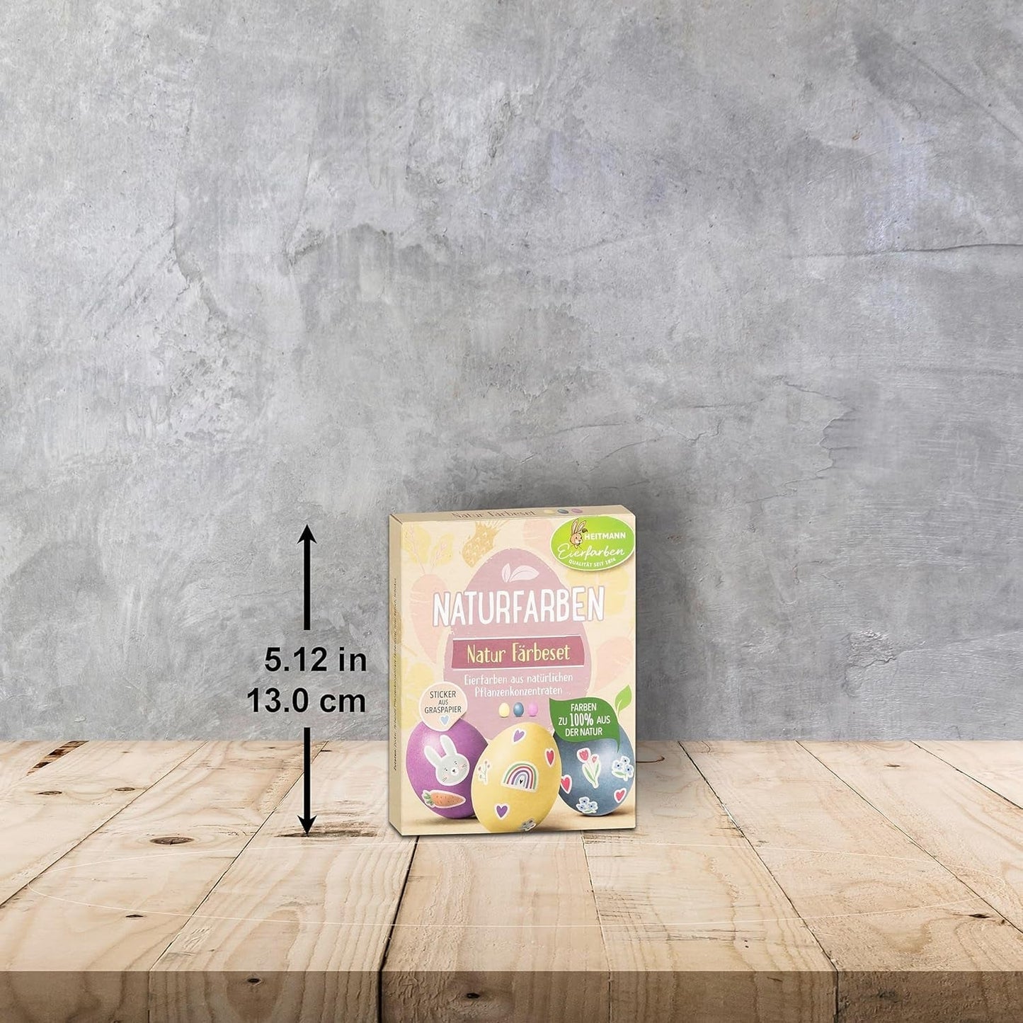 Set di coloranti naturali Heitmann Egg Dye, 3 polveri coloranti all'uovo (giallo, viola, grigio-blu), foglio di adesivi in ​​carta erba