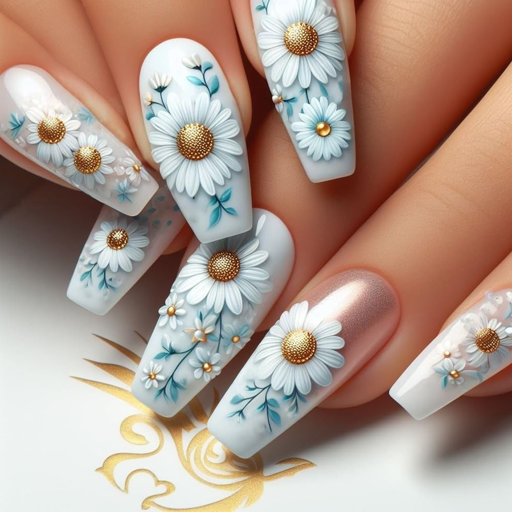 24 pezzi stampa lunga sulle unghie bara unghie artificiali fiore farfalla unghie adesive bianco marrone acrilico set di unghie punte per unghie donna primavera estate accessori per unghie