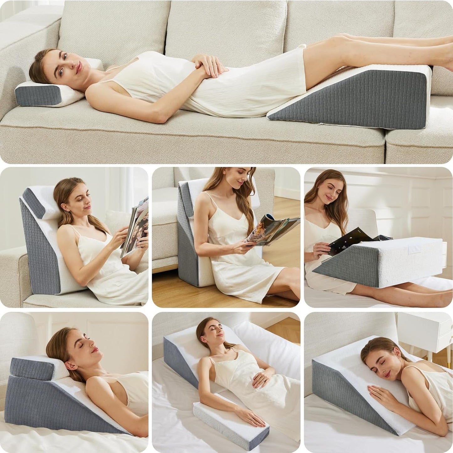 Cuscino da lettura e cuscino elevatore per gambe in piuma Cuscino in memory foam per collo, schiena e gambe, cuscino multifunzionale staccabile per letto, divano, seduta, sonno e riposo, 58x55x28 cm